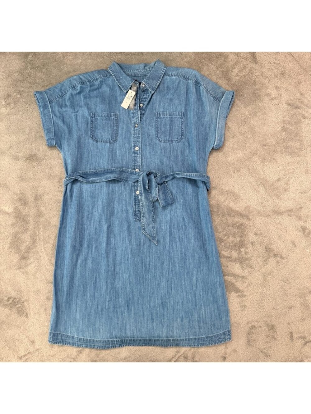 *read* Talbots Chambray 100% Cotton Shirt Dress Belted Womens 14 Petite 14P